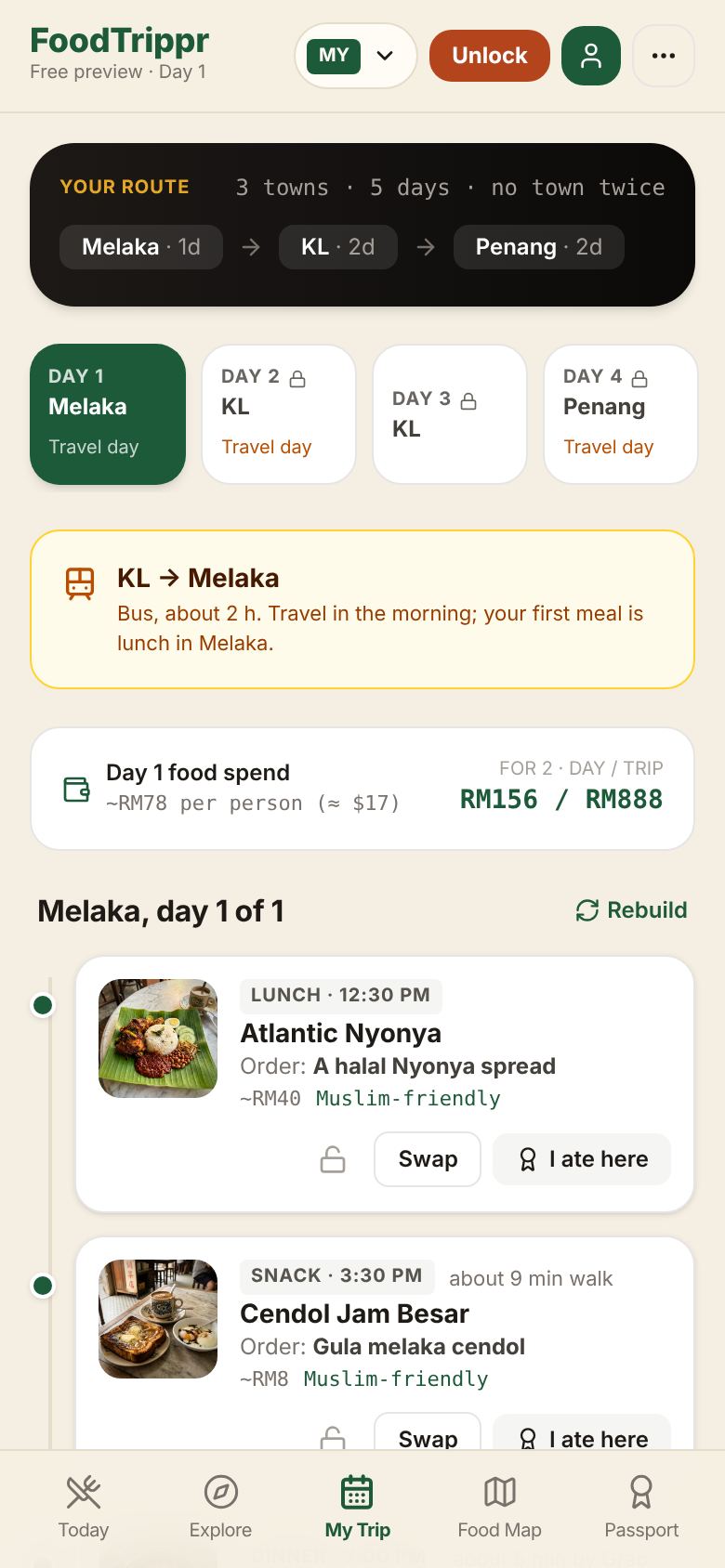 A day of meals planned in Melaka